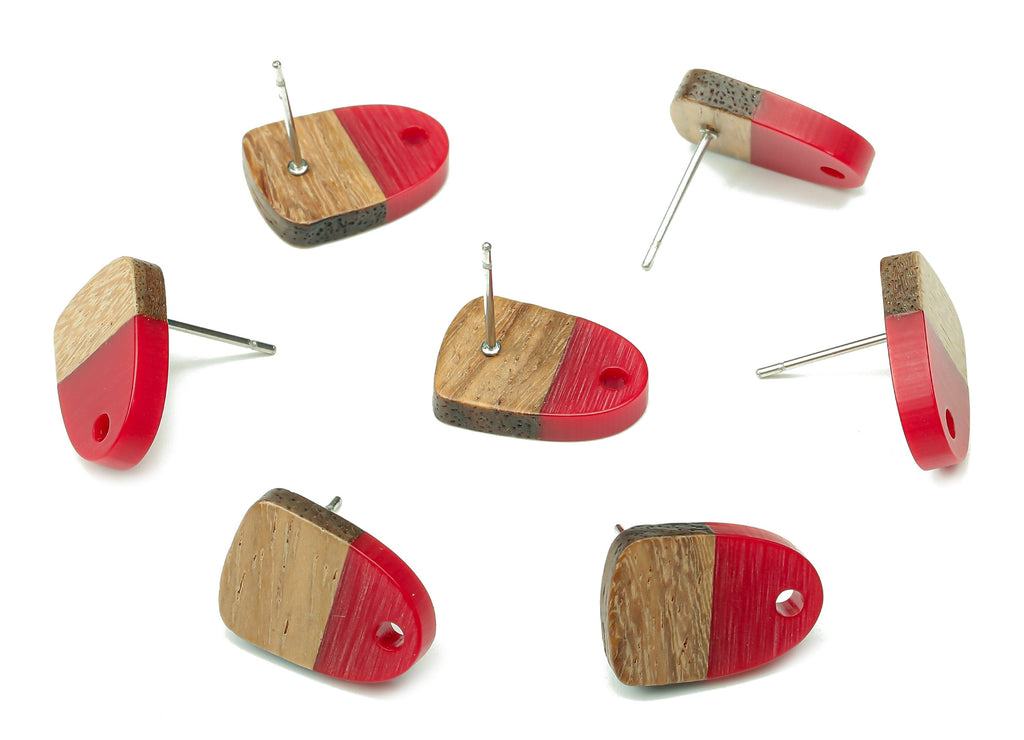Natural Wooden Domed Earring Stud - Walnut Wood Red Resin Drop Earring Post - 316 Stainless Steel Stud - 15.18x11.01x3.18mm - BB1261F - DOMEDBAZAAR