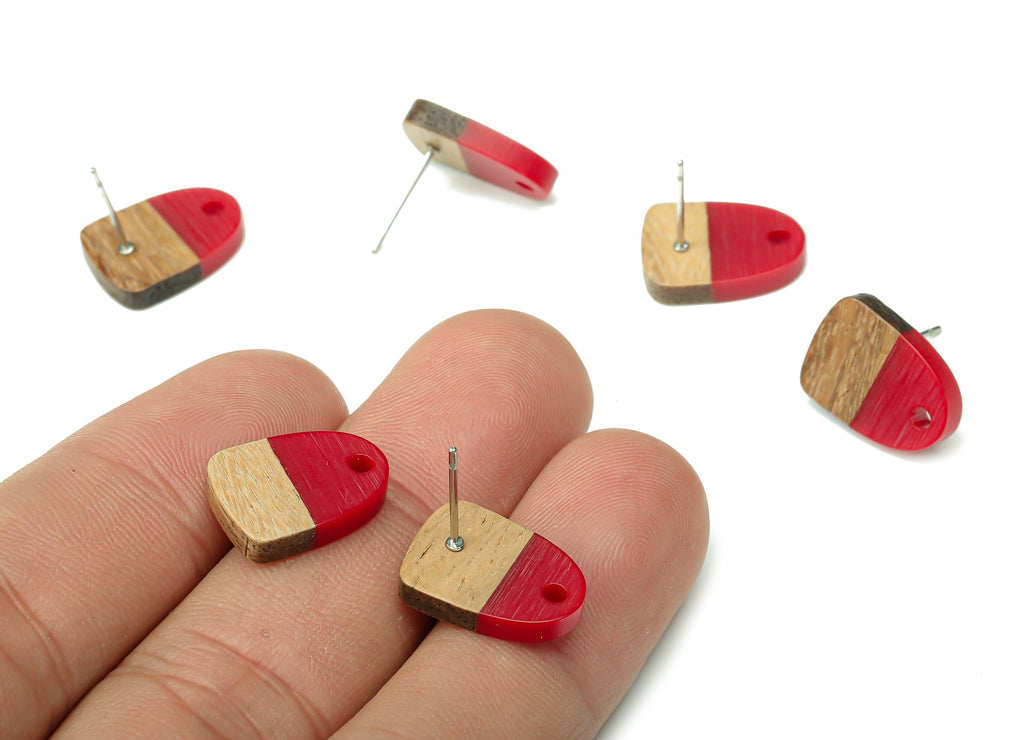 Natural Wooden Domed Earring Stud - Walnut Wood Red Resin Drop Earring Post - 316 Stainless Steel Stud - 15.18x11.01x3.18mm - BB1261F - DOMEDBAZAAR