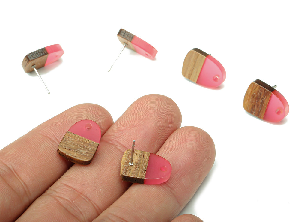 Natural Wooden Domed Earring Stud - Walnut Wood Pink Resin Drop Earring Post - 316 Stainless Steel Stud - 15.18x11.01x3.18mm - BB1261J - DOMEDBAZAAR