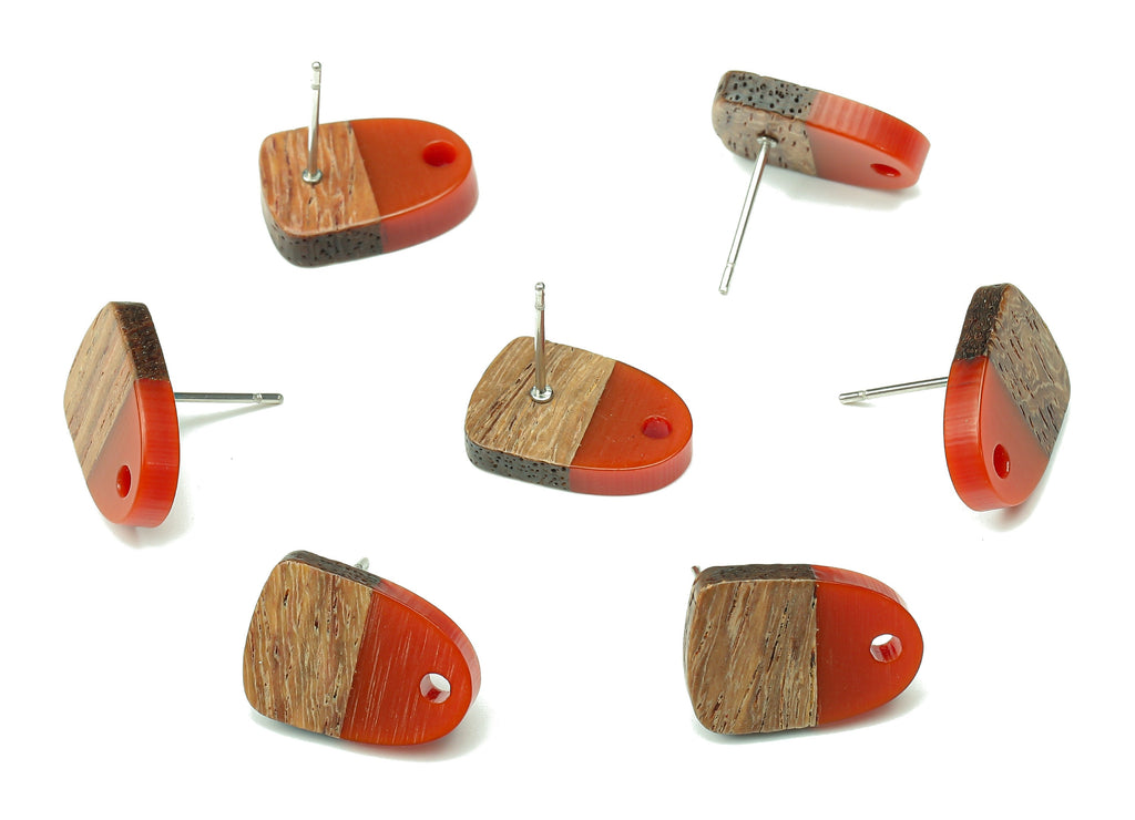 Natural Wooden Domed Earring Stud - Walnut Wood Red Resin Drop Earring Post - 316 Stainless Steel Stud - 15.18x11.01x3.18mm - BB1261L - DOMEDBAZAAR