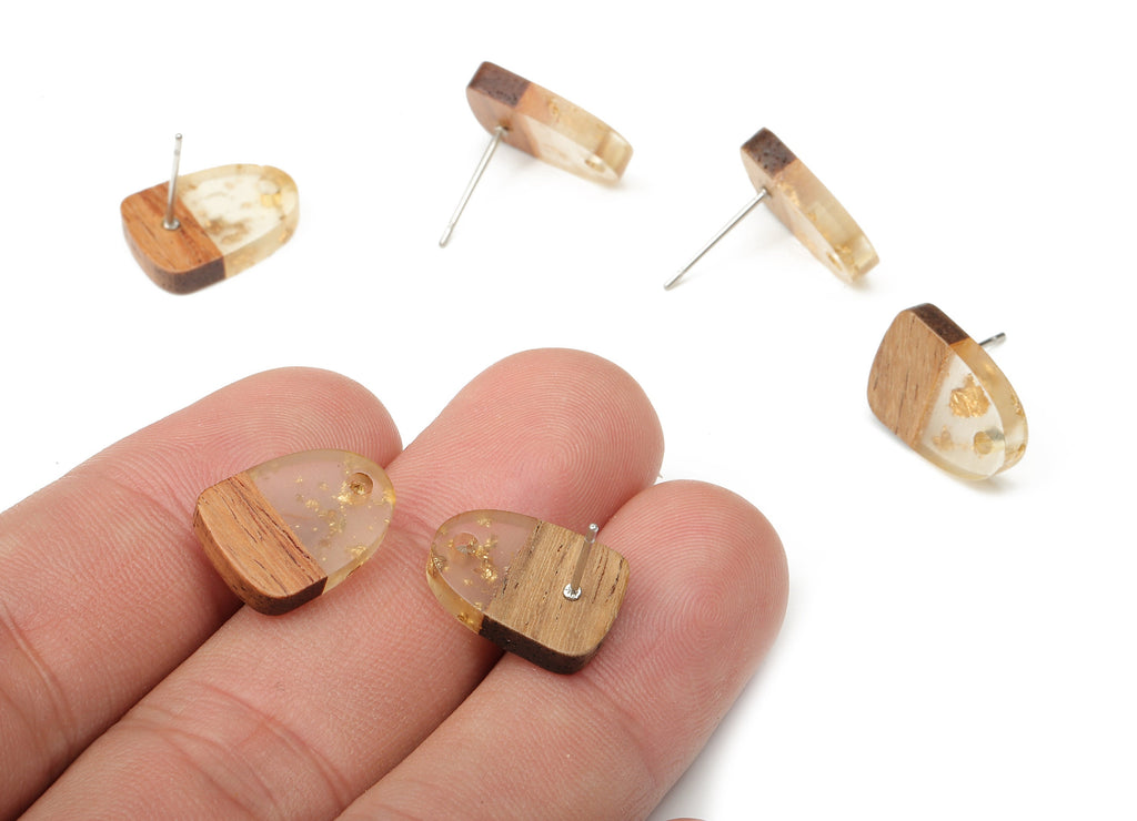 Natural Wooden Domed Earring Stud - Walnut Wood Gold Foil Clear Resin Drop Earring Post - 316 Stainless Steel Stud - 15.2x11x3.2mm - BB1261M - DOMEDBAZAAR