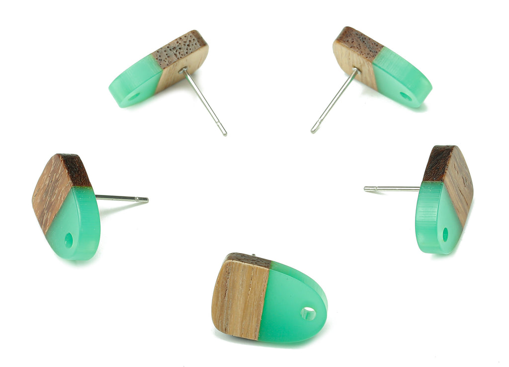 Natural Wooden Domed Earring Stud - Walnut Wood Clear Green Resin Drop Earring Post - 316 Stainless Steel Stud - 15.18x11.01x3.2mm - BB1261P - DOMEDBAZAAR