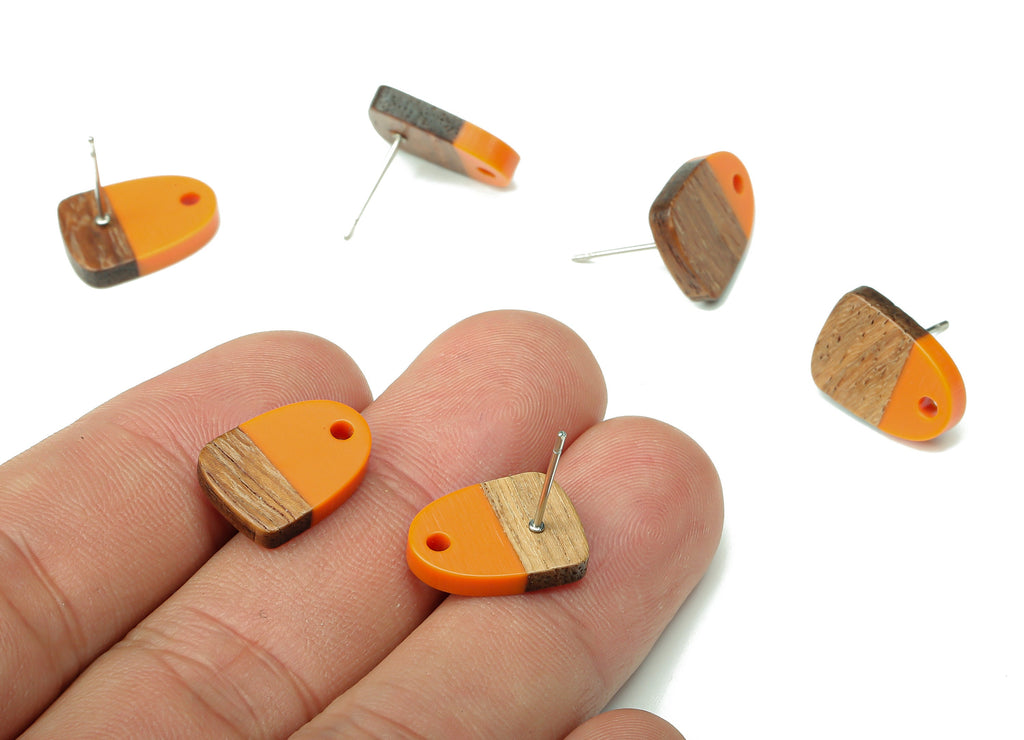 Natural Wooden Domed Earring Stud - Walnut Wood Orange Resin Drop Earring Post - 316 Stainless Steel Stud - 15.18x11.01x3.18mm - BB1261N - DOMEDBAZAAR