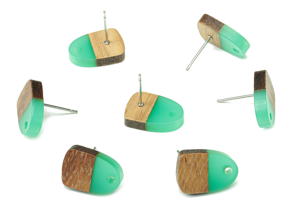 Natural Wooden Domed Earring Stud - Walnut Wood Clear Green Resin Drop Earring Post - 316 Stainless Steel Stud - 15.18x11.01x3.2mm - BB1261P - DOMEDBAZAAR