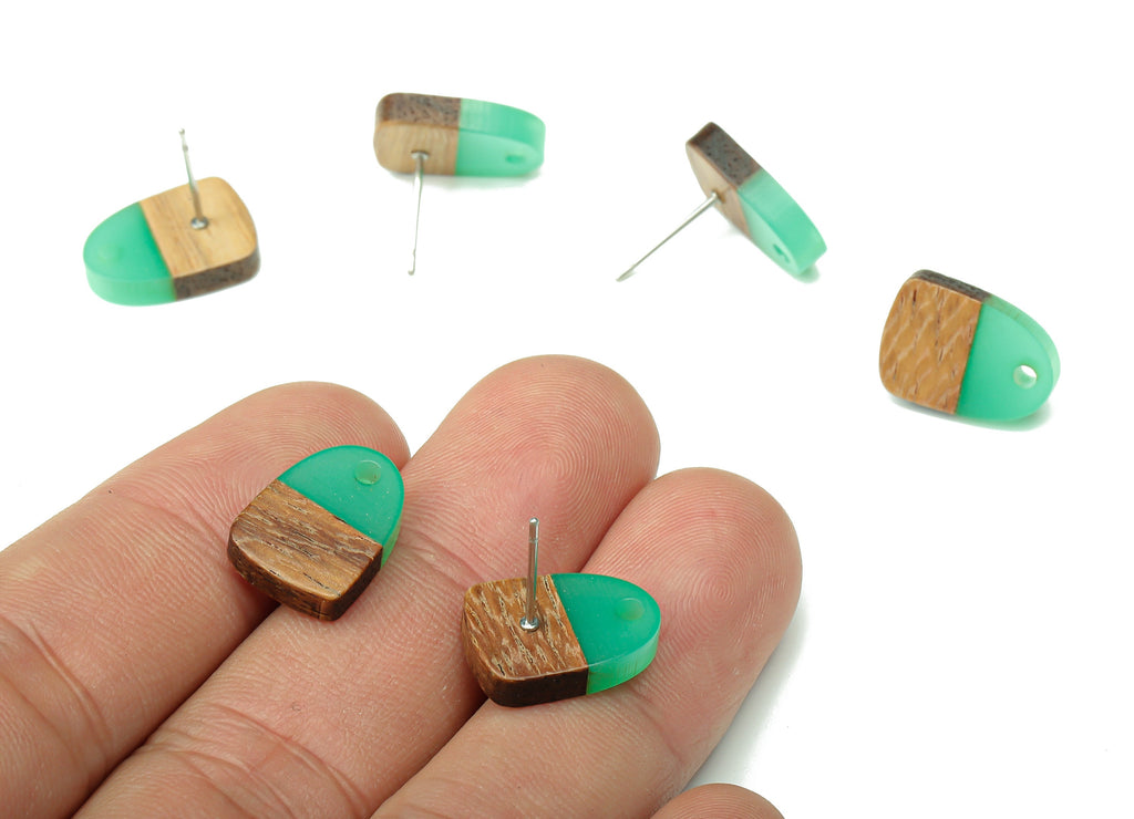 Natural Wooden Domed Earring Stud - Walnut Wood Clear Green Resin Drop Earring Post - 316 Stainless Steel Stud - 15.18x11.01x3.2mm - BB1261P - DOMEDBAZAAR