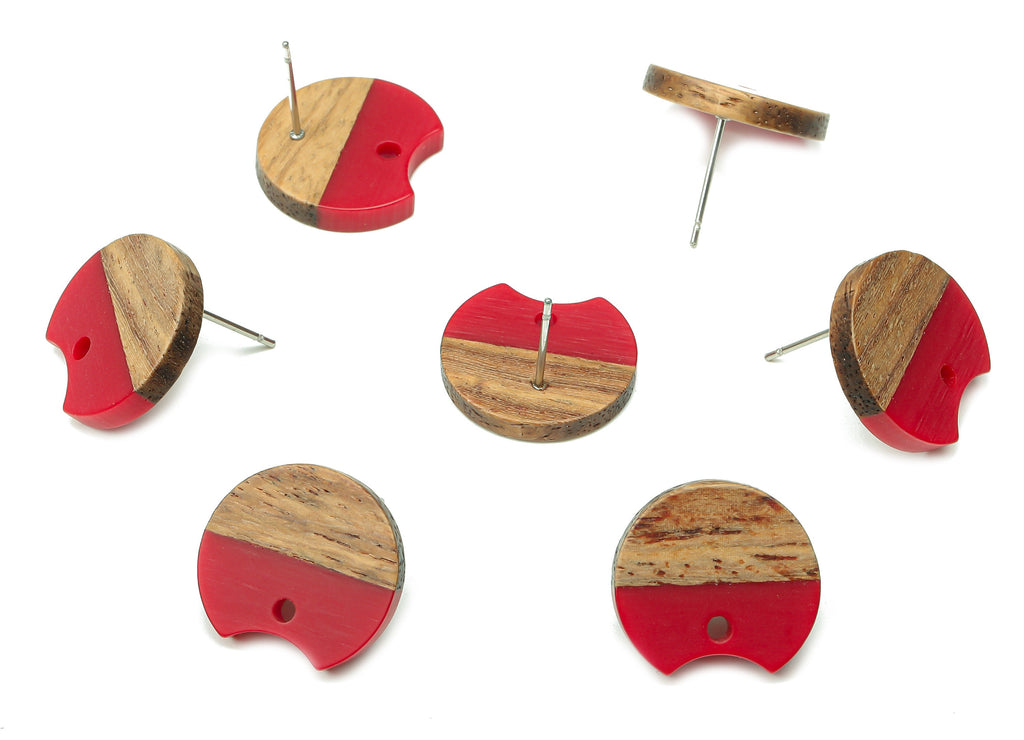 Natural Wooden Round Earring Stud - Walnut Wood Red Resin Circle Earring Post - 316 Stainless Steel Stud - 17x15.93x2.8mm - BB1262A - DOMEDBAZAAR