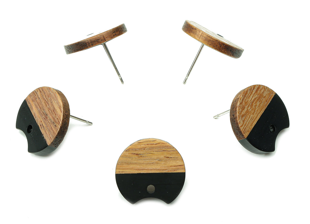 Natural Wooden Round Earring Stud - Walnut Wood Black Resin Circle Earring Post - 316 Stainless Steel Stud - 17x15.93x2.8mm - BB1262B - DOMEDBAZAAR