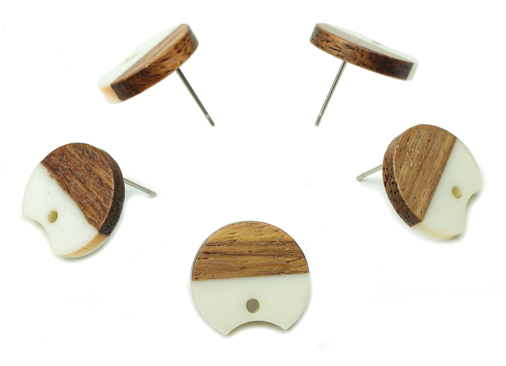Natural Wooden Round Earring Stud - Walnut Wood White Resin Circle Earring Post - 316 Stainless Steel Stud - 17x15.93x2.8mm - BB1262C - DOMEDBAZAAR