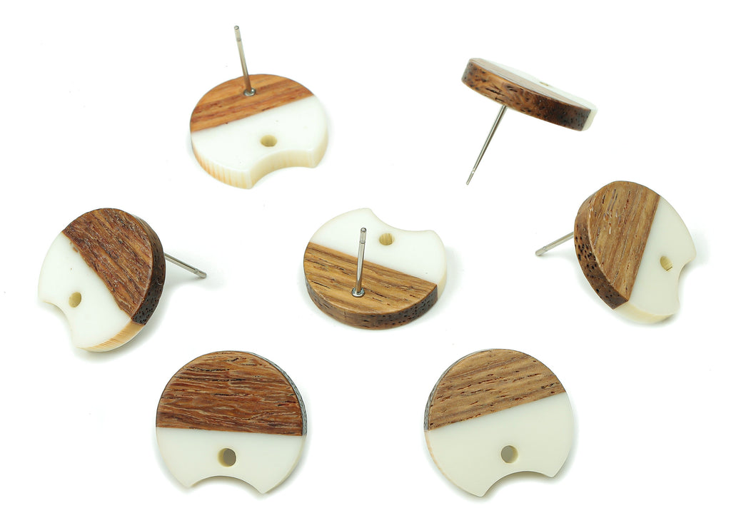 Natural Wooden Round Earring Stud - Walnut Wood White Resin Circle Earring Post - 316 Stainless Steel Stud - 17x15.93x2.8mm - BB1262C - DOMEDBAZAAR