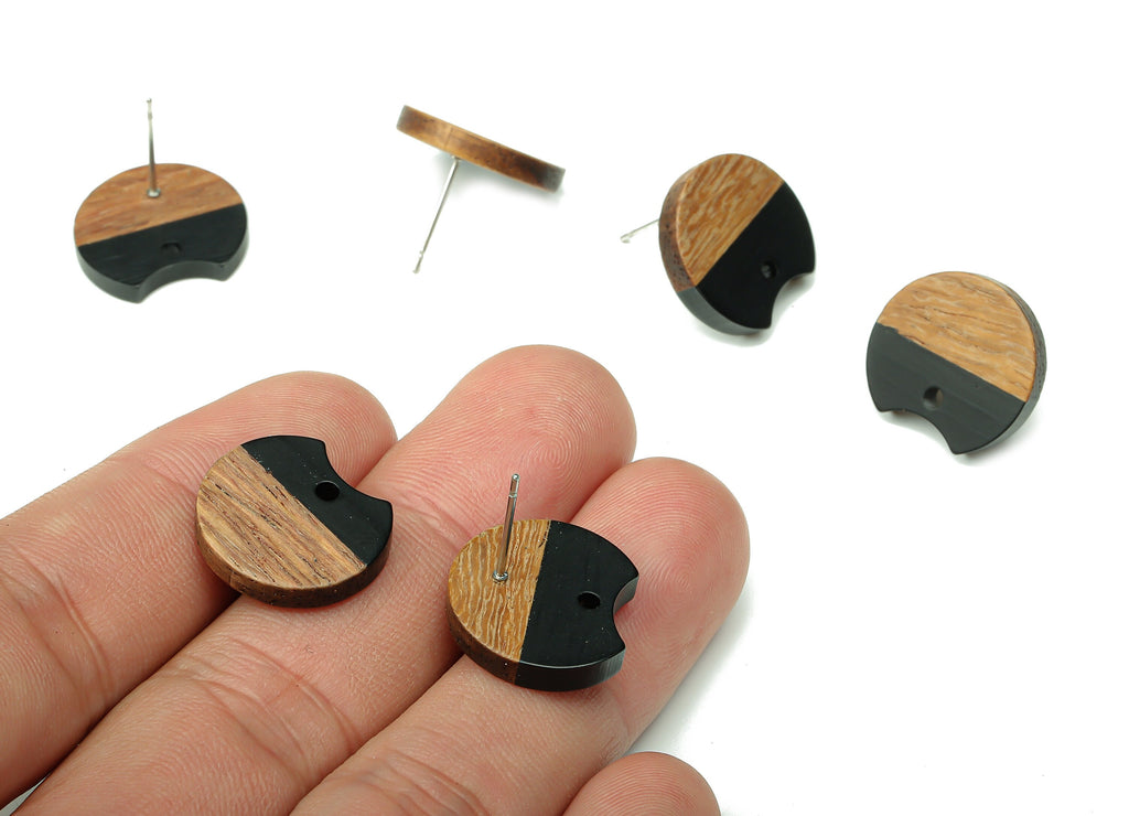 Natural Wooden Round Earring Stud - Walnut Wood Black Resin Circle Earring Post - 316 Stainless Steel Stud - 17x15.93x2.8mm - BB1262B - DOMEDBAZAAR