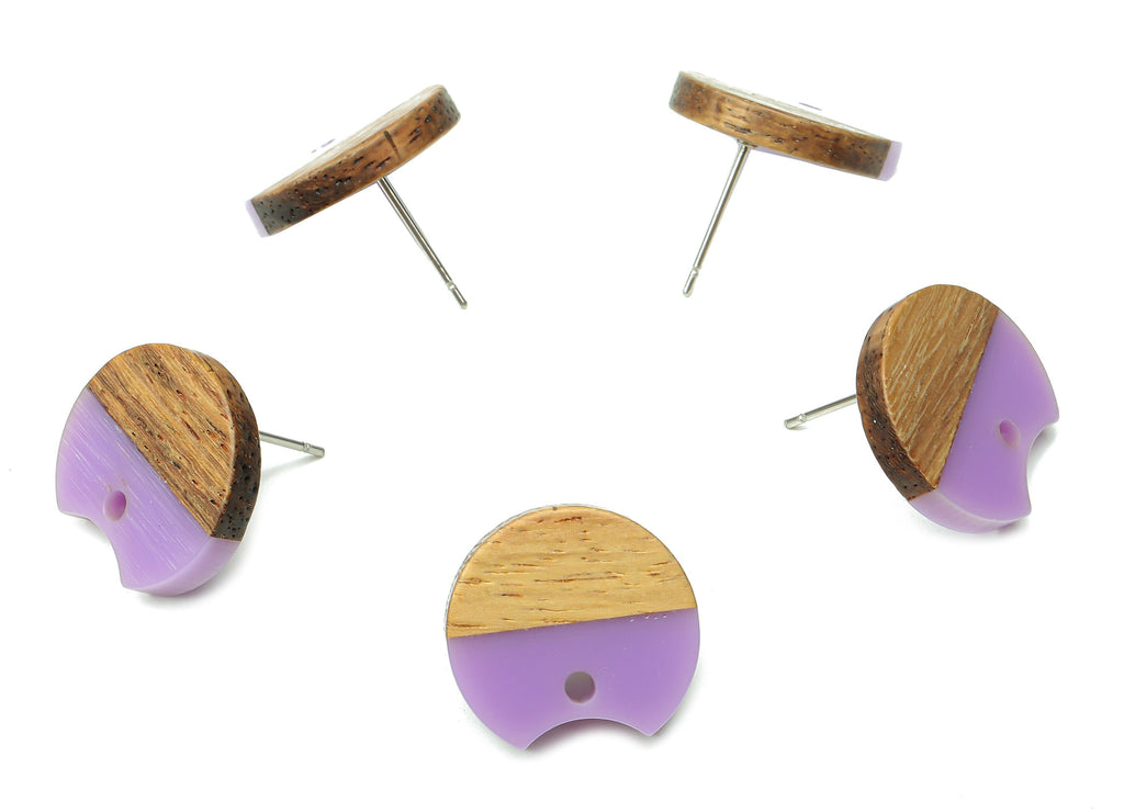 Natural Wooden Round Earring Stud - Walnut Wood Purple Resin Circle Earring Post - 316 Stainless Steel Stud - 17x15.93x2.8mm - BB1262F - DOMEDBAZAAR
