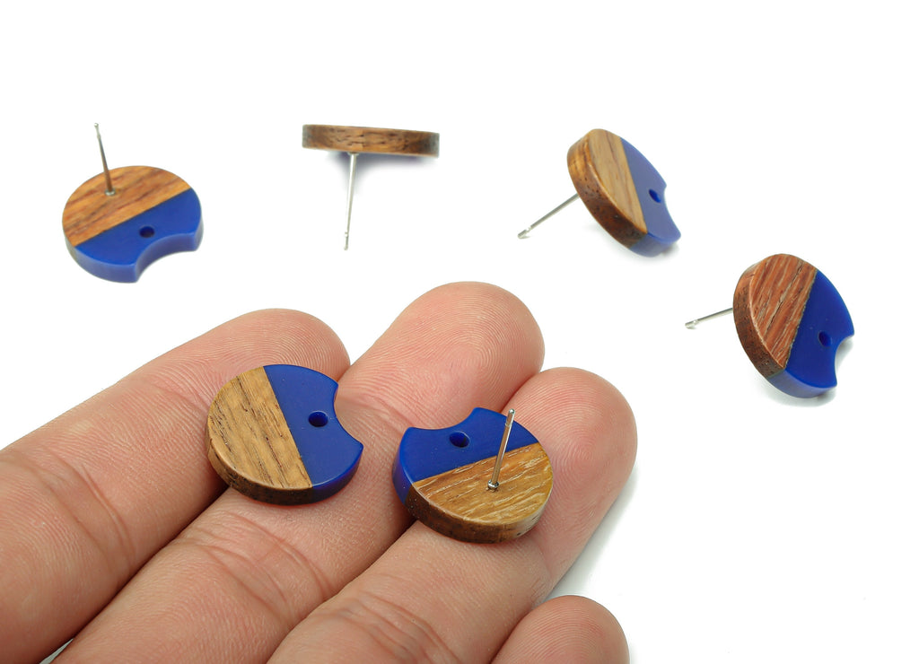 Natural Wooden Round Earring Stud - Walnut Wood Dark Blue Resin Circle Earring Post - 316 Stainless Steel Stud - 17x15.93x2.8mm - BB1262D - DOMEDBAZAAR