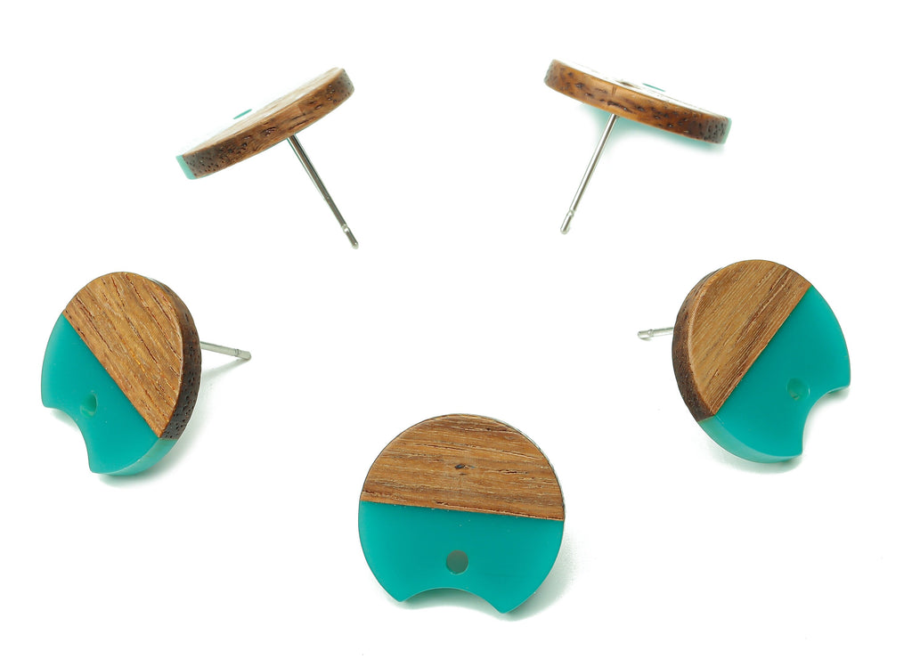 Natural Wooden Round Earring Stud - Walnut Wood Green Resin Circle Earring Post - 316 Stainless Steel Stud - 17x15.93x2.8mm - BB1262G - DOMEDBAZAAR