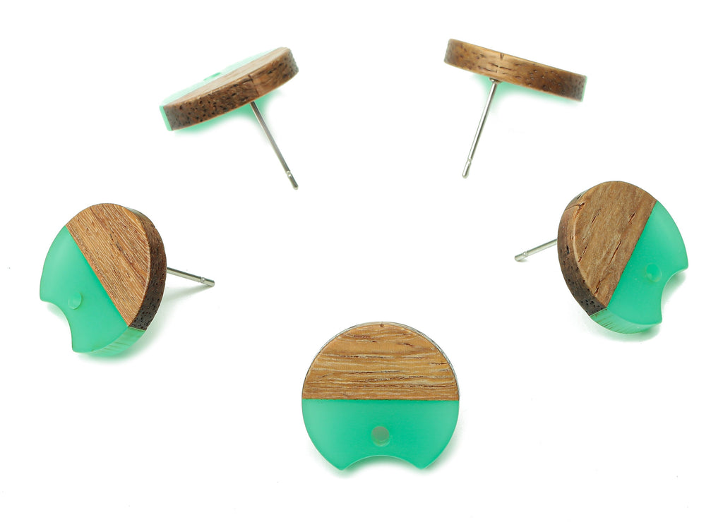 Natural Wooden Round Earring Stud - Walnut Wood Green Resin Circle Earring Post - 316 Stainless Steel Stud - 17x15.93x2.8mm - BB1262H - DOMEDBAZAAR