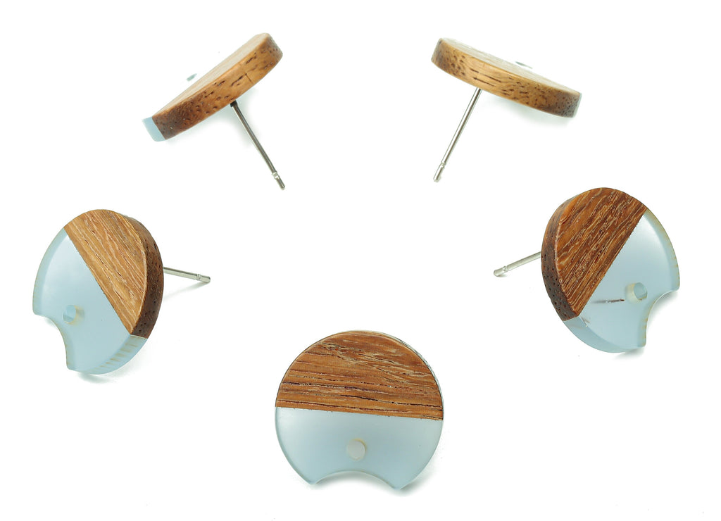 Natural Wooden Round Earring Stud - Walnut Wood Light Blue Resin Circle Earring Post - 316 Stainless Steel Stud - 17x15.93x2.8mm - BB1262J - DOMEDBAZAAR