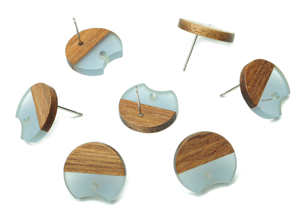Natural Wooden Round Earring Stud - Walnut Wood Light Blue Resin Circle Earring Post - 316 Stainless Steel Stud - 17x15.93x2.8mm - BB1262J - DOMEDBAZAAR