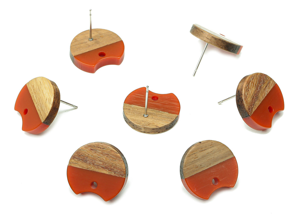 Natural Wooden Round Earring Stud - Walnut Wood Red Resin Circle Earring Post - 316 Stainless Steel Stud - 17x15.93x2.8mm - BB1262K - DOMEDBAZAAR