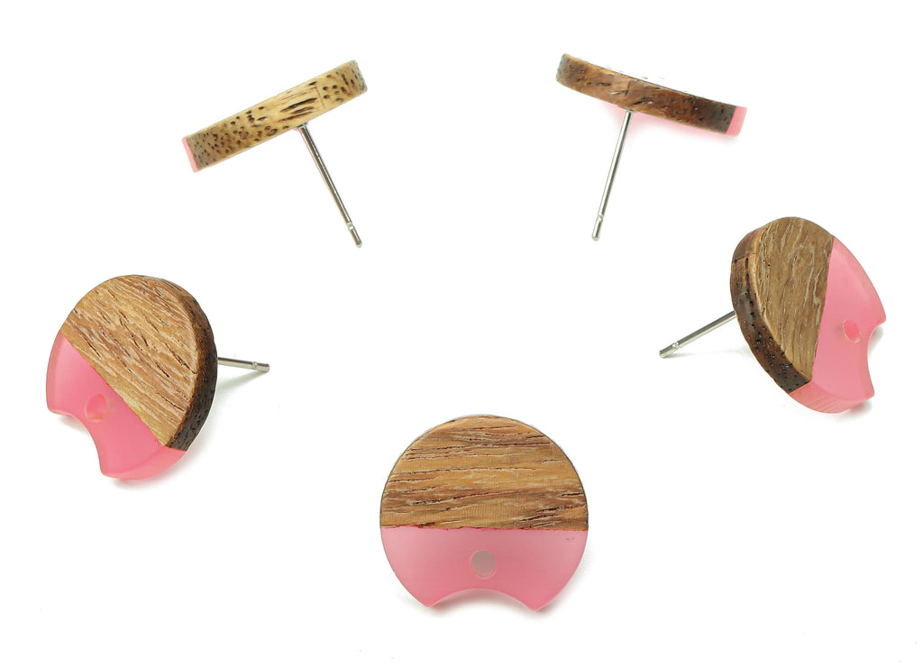 Natural Wooden Round Earring Stud - Walnut Wood Pink Resin Circle Earring Post - 316 Stainless Steel Stud - 17x15.93x2.8mm - BB1262M - DOMEDBAZAAR