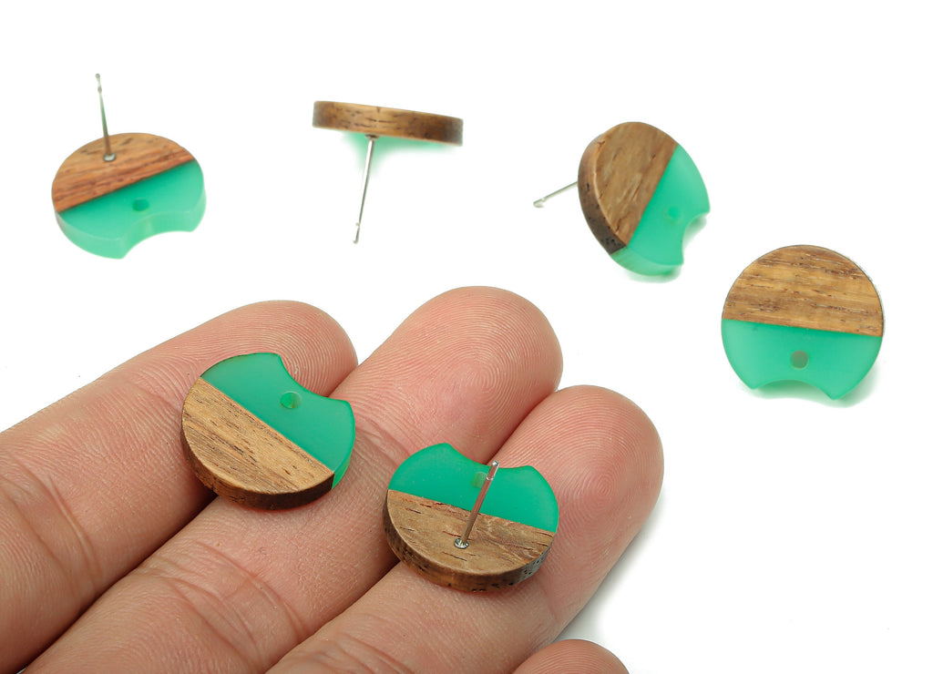 Natural Wooden Round Earring Stud - Walnut Wood Green Resin Circle Earring Post - 316 Stainless Steel Stud - 17x15.93x2.8mm - BB1262H - DOMEDBAZAAR
