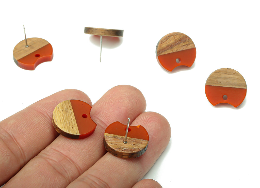 Natural Wooden Round Earring Stud - Walnut Wood Red Resin Circle Earring Post - 316 Stainless Steel Stud - 17x15.93x2.8mm - BB1262K - DOMEDBAZAAR