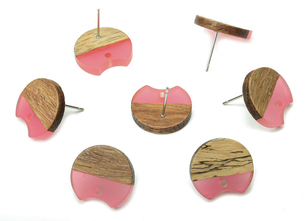 Natural Wooden Round Earring Stud - Walnut Wood Pink Resin Circle Earring Post - 316 Stainless Steel Stud - 17x15.93x2.8mm - BB1262M - DOMEDBAZAAR