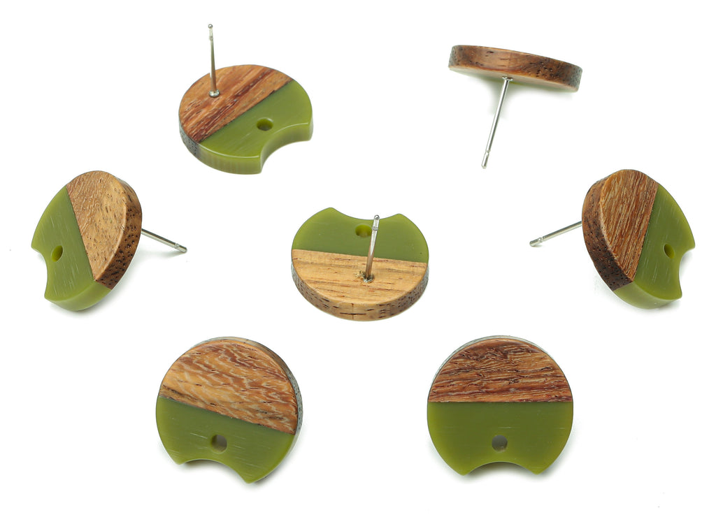 Natural Wooden Round Earring Stud - Walnut Wood Green Resin Circle Earring Post - 316 Stainless Steel Stud - 17x15.93x2.8mm - BB1262N - DOMEDBAZAAR