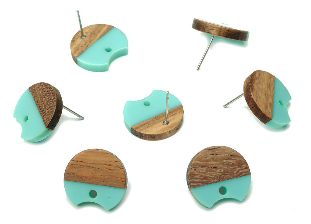 Natural Wooden Round Earring Stud - Walnut Wood Aqua Resin Circle Earring Post - 316 Stainless Steel Stud - 17x15.93x2.8mm - BB1262P - DOMEDBAZAAR