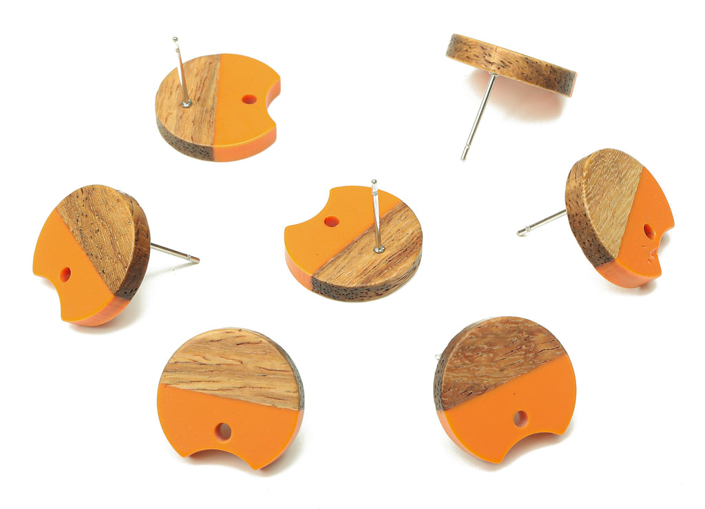 Natural Wooden Round Earring Stud - Walnut Wood Orange Resin Circle Earring Post - 316 Stainless Steel Stud - 17x15.93x2.8mm - BB1262R - DOMEDBAZAAR