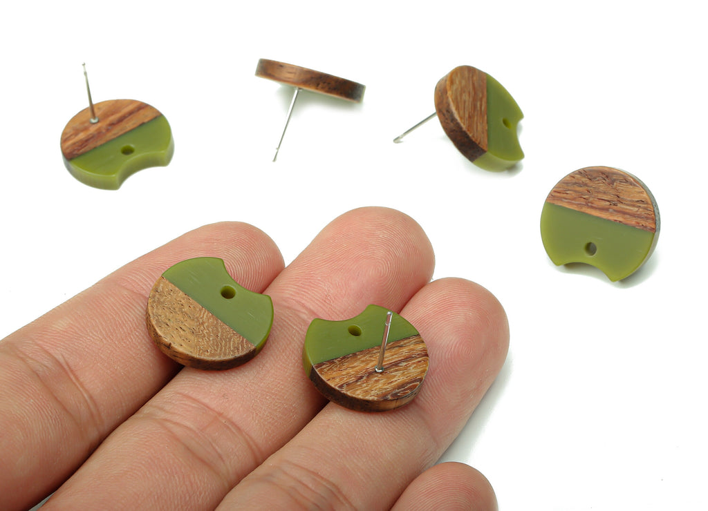 Natural Wooden Round Earring Stud - Walnut Wood Green Resin Circle Earring Post - 316 Stainless Steel Stud - 17x15.93x2.8mm - BB1262N - DOMEDBAZAAR