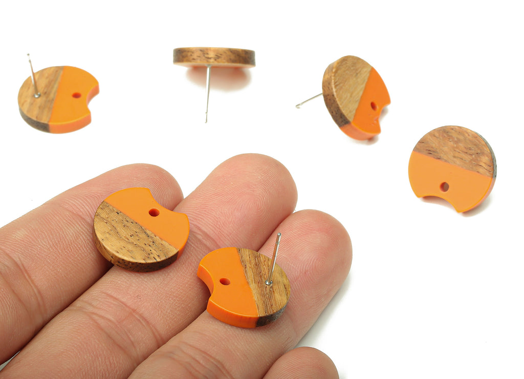 Natural Wooden Round Earring Stud - Walnut Wood Orange Resin Circle Earring Post - 316 Stainless Steel Stud - 17x15.93x2.8mm - BB1262R - DOMEDBAZAAR