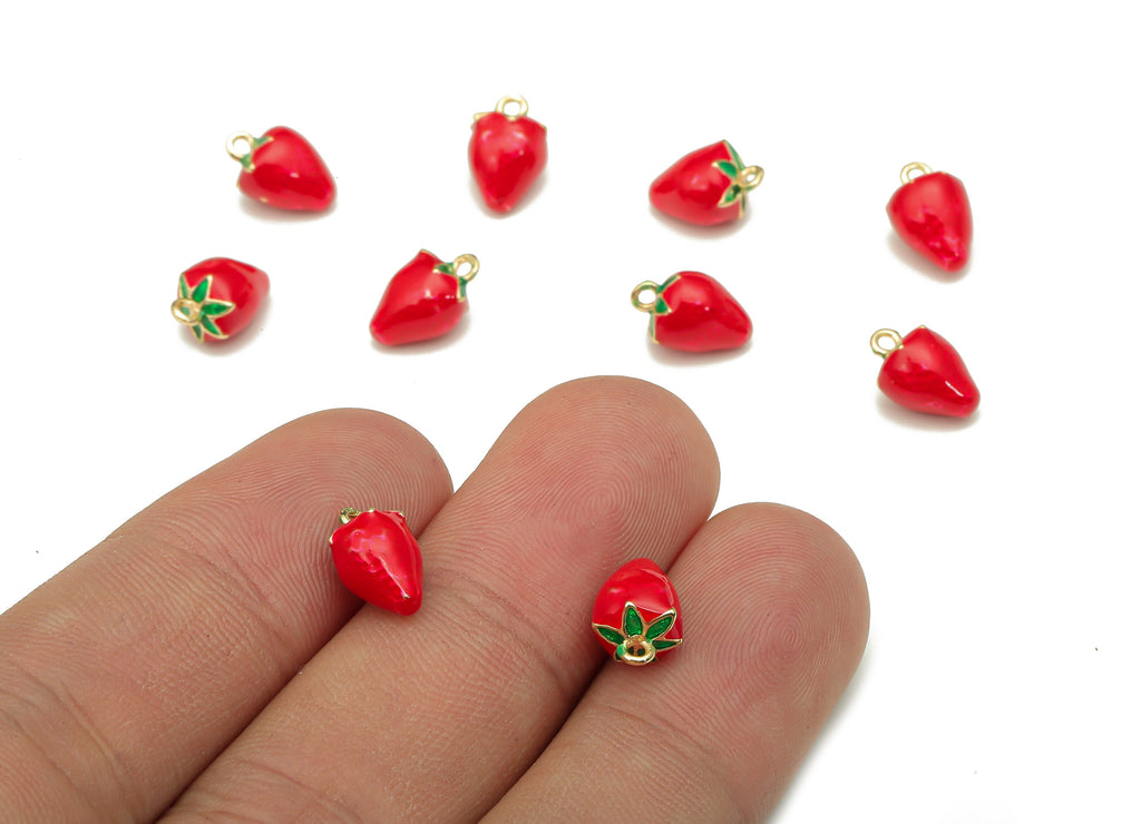 Brass Red Strawberry Earring Charm - Enamel Mini Fruit Charm - Figure Pendant With Loop - 18K Real Gold Plating - 10.7x6.6x6.6mm -RGP5277 - DOMEDBAZAAR