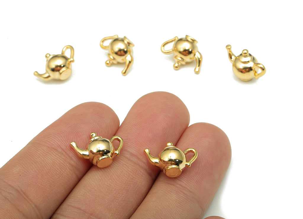 Brass Teapot Earring Charm - Gold Mini Kettle Earring - Teapot Figure Charm - 18K Real Gold Plated Brass Charm - 14.5x10.9x7.8mm - RGP5283 - DOMEDBAZAAR