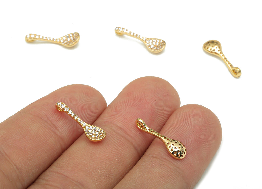 Brass Spoon Earring Charm - Zircon Textured Spoon Earring - Pendant With Loop - Figure Charm - 18K Real Gold Plating -17.3x5.2x1.4mm-RGP5290 - DOMEDBAZAAR