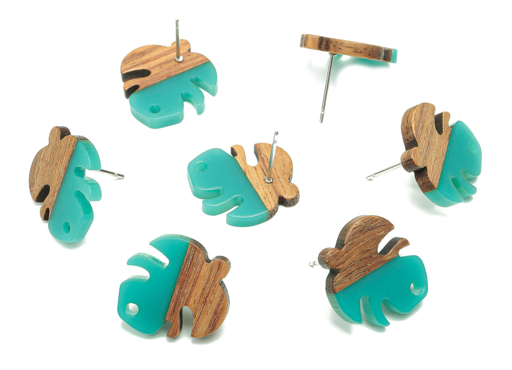 Natural Wooden Leaf Earring Stud - Walnut Wood Green Resin Monstera Earring Post - 316 Stainless Steel Stud - 19.38x17.07x2.48mm - BB1255A - DOMEDBAZAAR