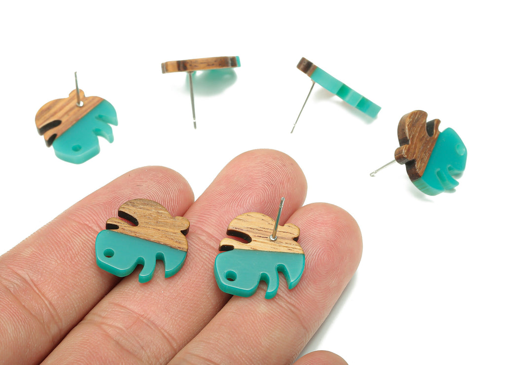 Natural Wooden Leaf Earring Stud - Walnut Wood Green Resin Monstera Earring Post - 316 Stainless Steel Stud - 19.38x17.07x2.48mm - BB1255A - DOMEDBAZAAR