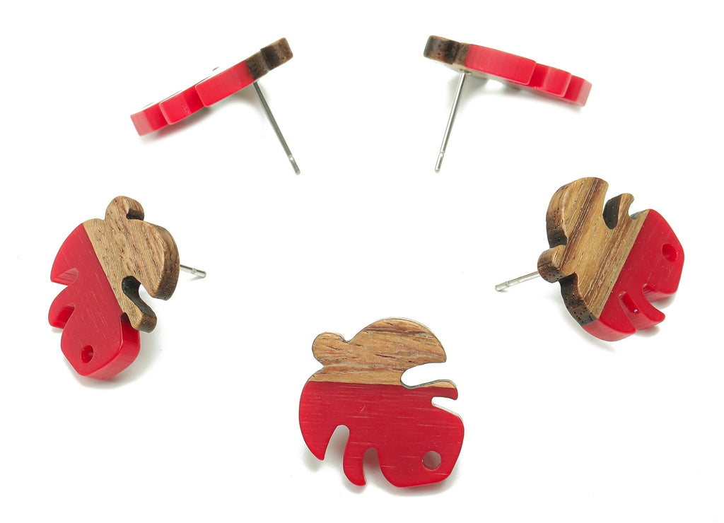 Natural Wooden Leaf Earring Stud - Walnut Wood Red Resin Monstera Earring Post - 316 Stainless Steel Stud - 19.38x17.07x2.48mm - BB1255B - DOMEDBAZAAR