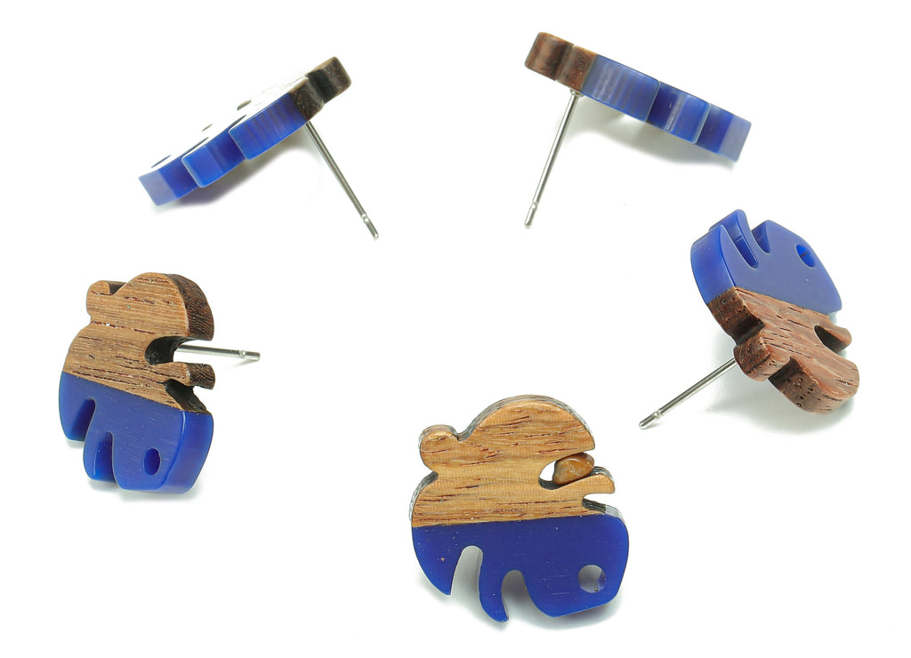 Natural Wooden Leaf Earring Stud - Walnut Wood Dark Blue Resin Monstera Earring Post - 316 Stainless Steel Stud - 19.38x17.1x2.5mm - BB1255C - DOMEDBAZAAR