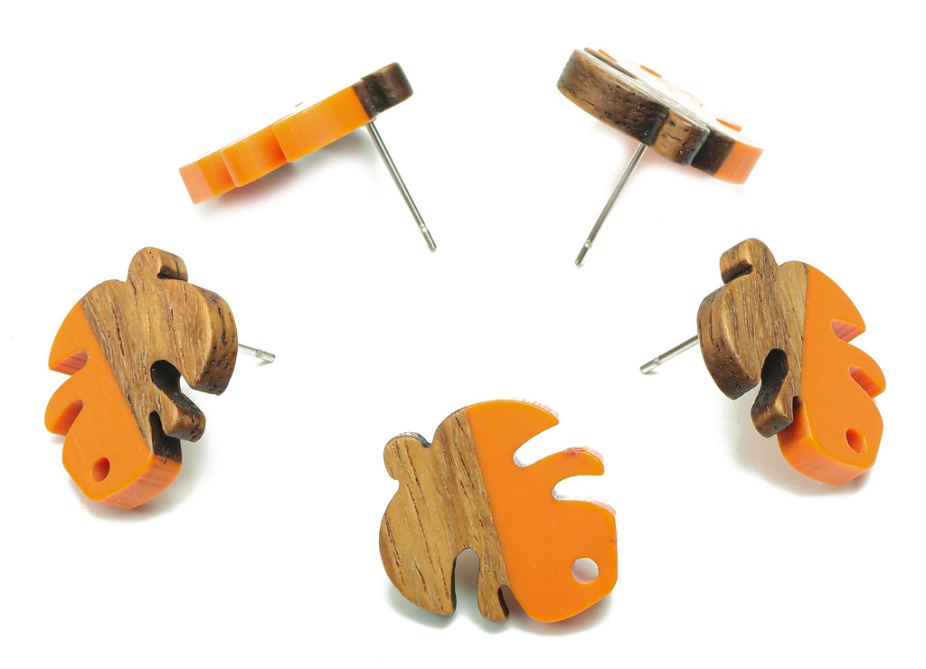 Natural Wooden Leaf Earring Stud - Walnut Wood Orange Resin Monstera Earring Post - 316 Stainless Steel Stud - 19.38x17.07x2.48mm - BB1255D - DOMEDBAZAAR