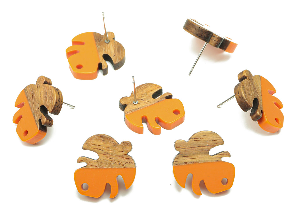 Natural Wooden Leaf Earring Stud - Walnut Wood Orange Resin Monstera Earring Post - 316 Stainless Steel Stud - 19.38x17.07x2.48mm - BB1255D - DOMEDBAZAAR