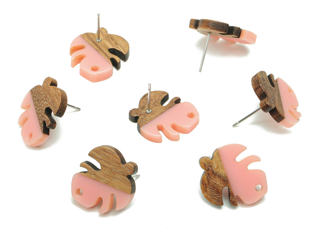 Natural Wooden Leaf Earring Stud - Walnut Wood Pink Resin Monstera Earring Post - 316 Stainless Steel Stud - 19.38x17.07x2.48mm - BB1255E - DOMEDBAZAAR