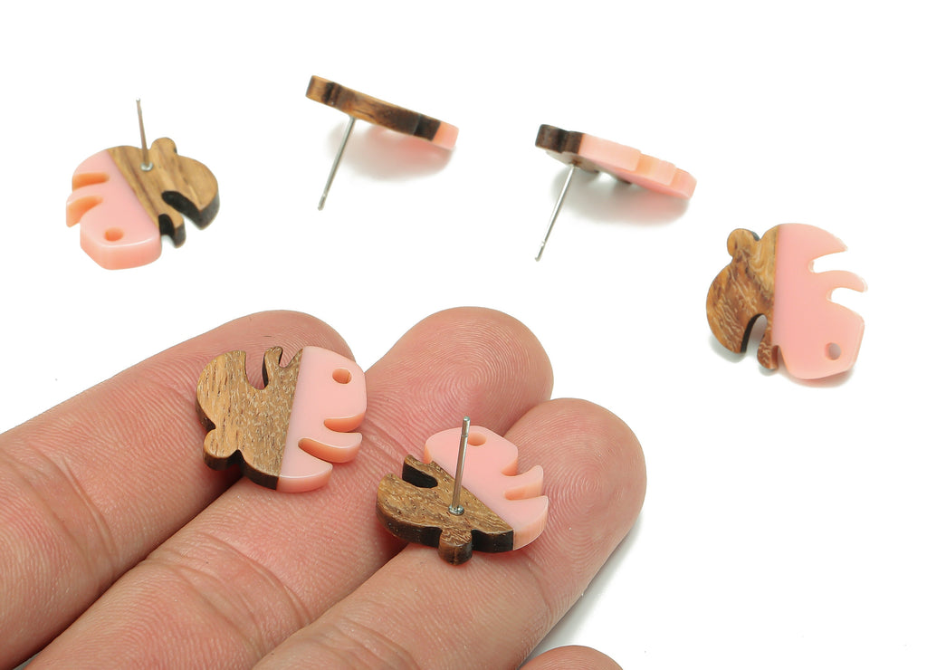 Natural Wooden Leaf Earring Stud - Walnut Wood Pink Resin Monstera Earring Post - 316 Stainless Steel Stud - 19.38x17.07x2.48mm - BB1255E - DOMEDBAZAAR