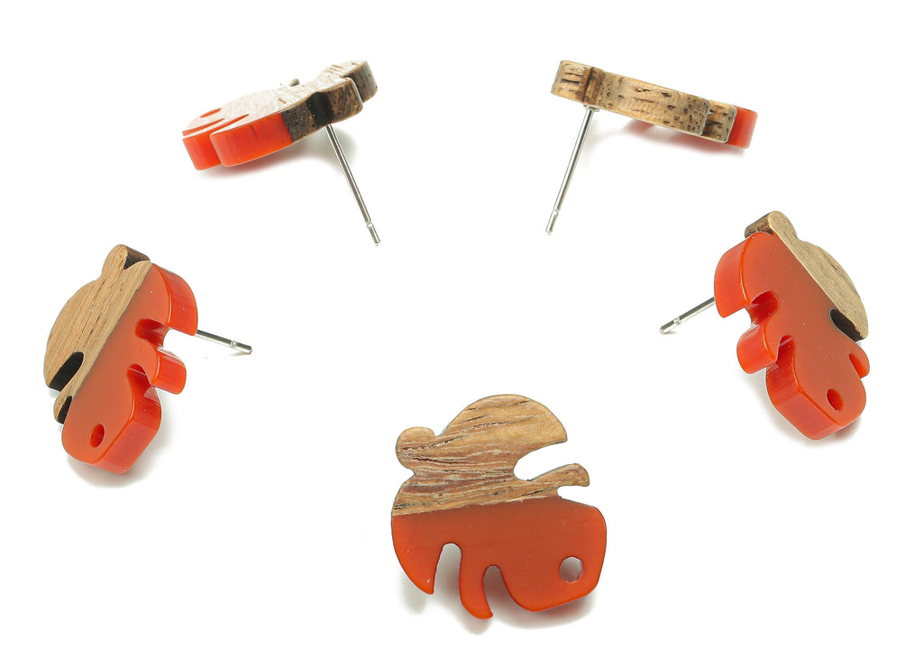 Natural Wooden Leaf Earring Stud - Walnut Wood Red Resin Monstera Earring Post - 316 Stainless Steel Stud - 19.38x17.07x2.48mm - BB1255F - DOMEDBAZAAR