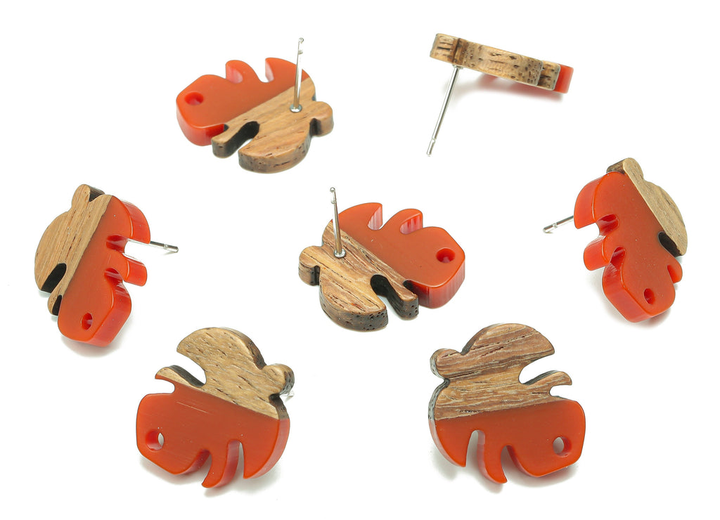 Natural Wooden Leaf Earring Stud - Walnut Wood Red Resin Monstera Earring Post - 316 Stainless Steel Stud - 19.38x17.07x2.48mm - BB1255F - DOMEDBAZAAR