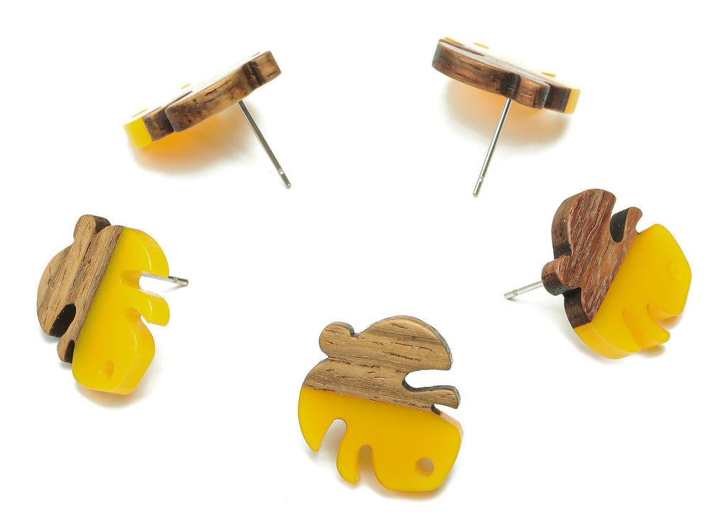 Natural Wooden Leaf Earring Stud - Walnut Wood Yellow Resin Monstera Earring Post - 316 Stainless Steel Stud - 19.38x17.07x2.48mm - BB1255G - DOMEDBAZAAR