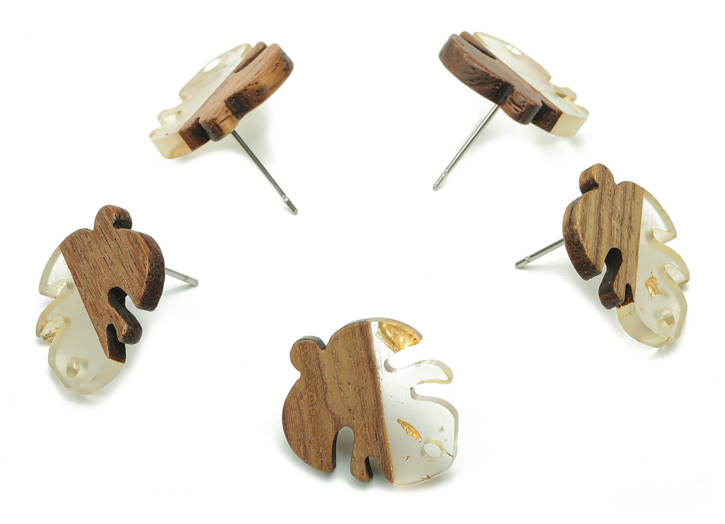 Natural Wooden Leaf Earring Stud - Walnut Wood Gold Foil Clear Resin Monstera Earring Post -316 Stainless Steel Stud-19.4x17.1x2.5mm-BB1255H - DOMEDBAZAAR
