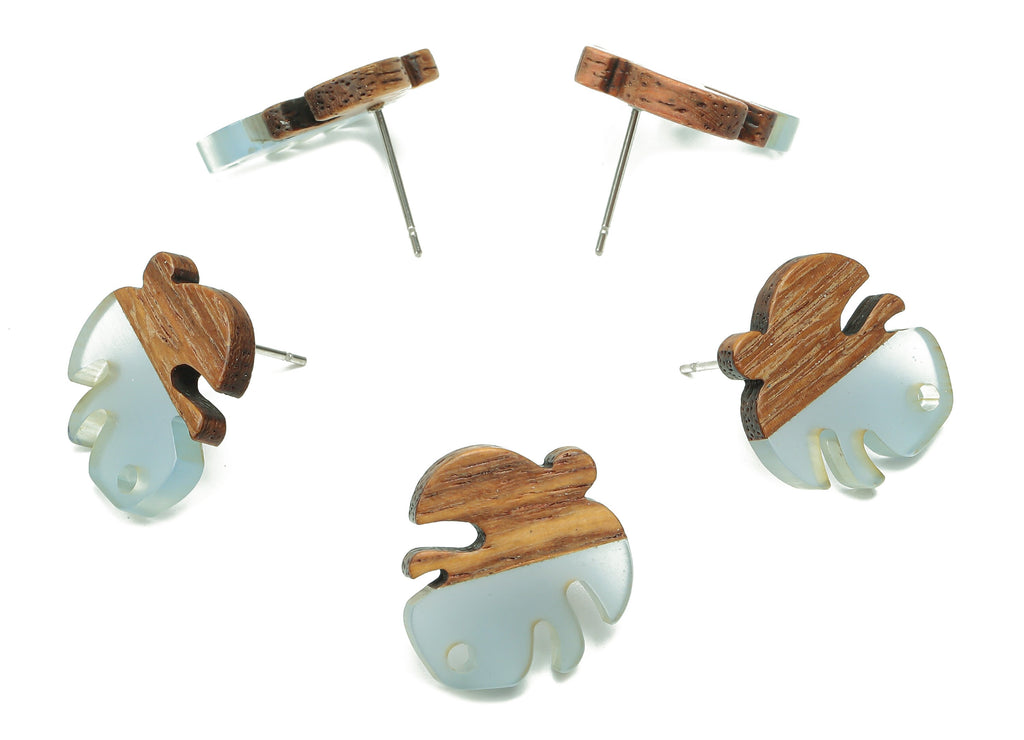 Natural Wooden Leaf Earring Stud - Walnut Wood Light Blue Resin Monstera Earring Post - 316 Stainless Steel Stud - 19.4x17.1x2.5mm - BB1255J - DOMEDBAZAAR
