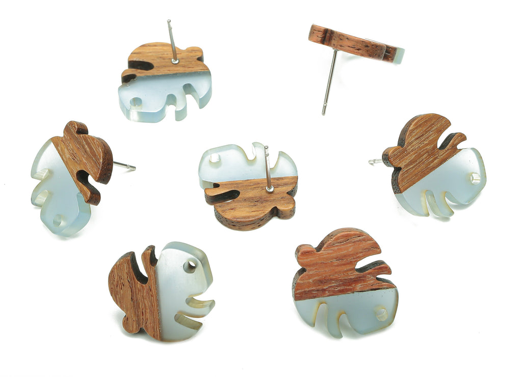Natural Wooden Leaf Earring Stud - Walnut Wood Light Blue Resin Monstera Earring Post - 316 Stainless Steel Stud - 19.4x17.1x2.5mm - BB1255J - DOMEDBAZAAR