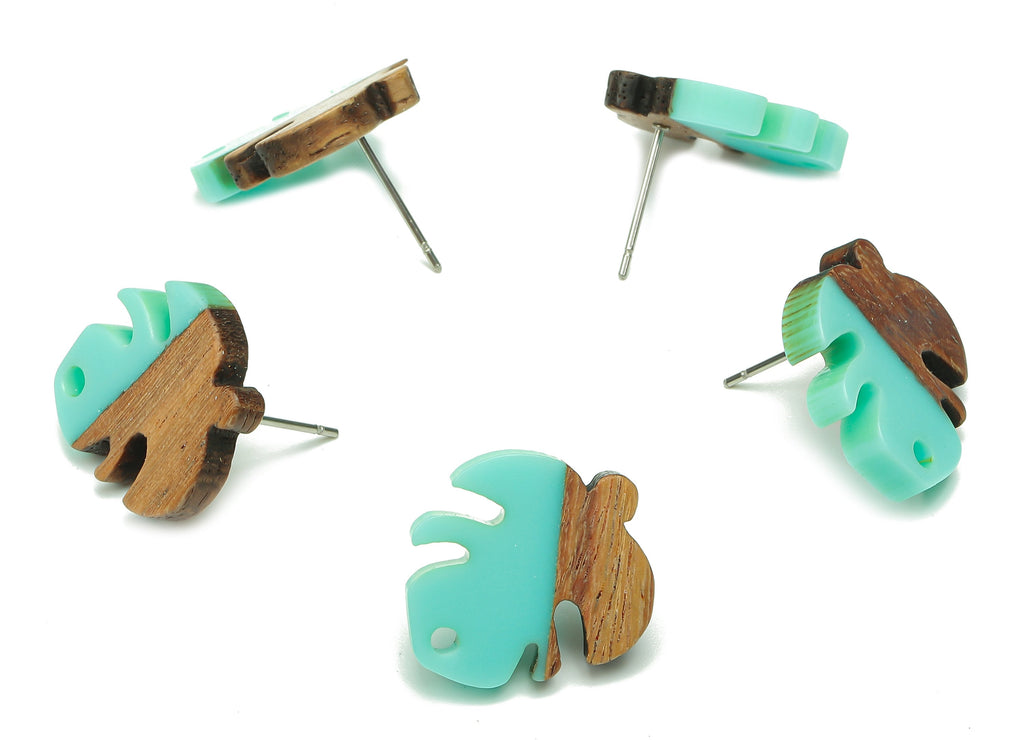Natural Wooden Leaf Earring Stud - Walnut Wood Aqua Resin Monstera Earring Post - 316 Stainless Steel Stud - 19.38x17.07x2.48mm - BB1255L - DOMEDBAZAAR