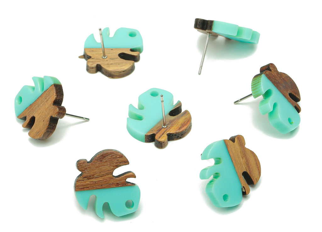 Natural Wooden Leaf Earring Stud - Walnut Wood Aqua Resin Monstera Earring Post - 316 Stainless Steel Stud - 19.38x17.07x2.48mm - BB1255L - DOMEDBAZAAR