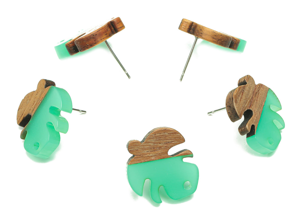 Natural Wooden Leaf Earring Stud - Walnut Wood Clear Green Resin Monstera Earring Post - 316 Stainless Steel Stud - 19.4x17.1x2.5mm -BB1255N - DOMEDBAZAAR